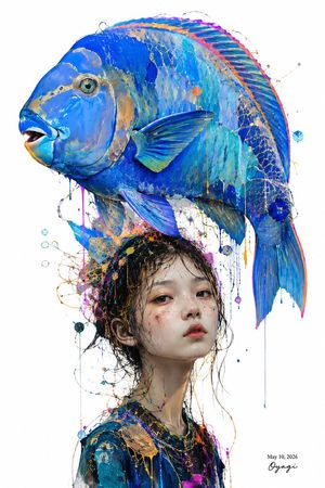 Surreal Blue Fish Hat Portrait