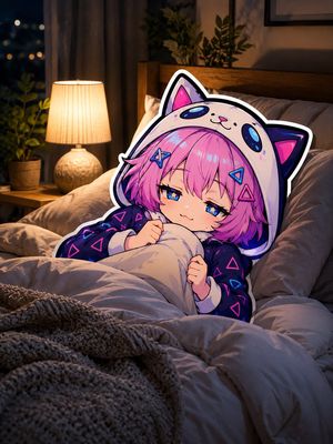Sleepy Cat Hoodie Anime Girl in Bed