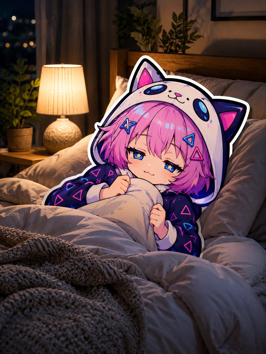 Sleepy Cat Hoodie Anime Girl in Bed