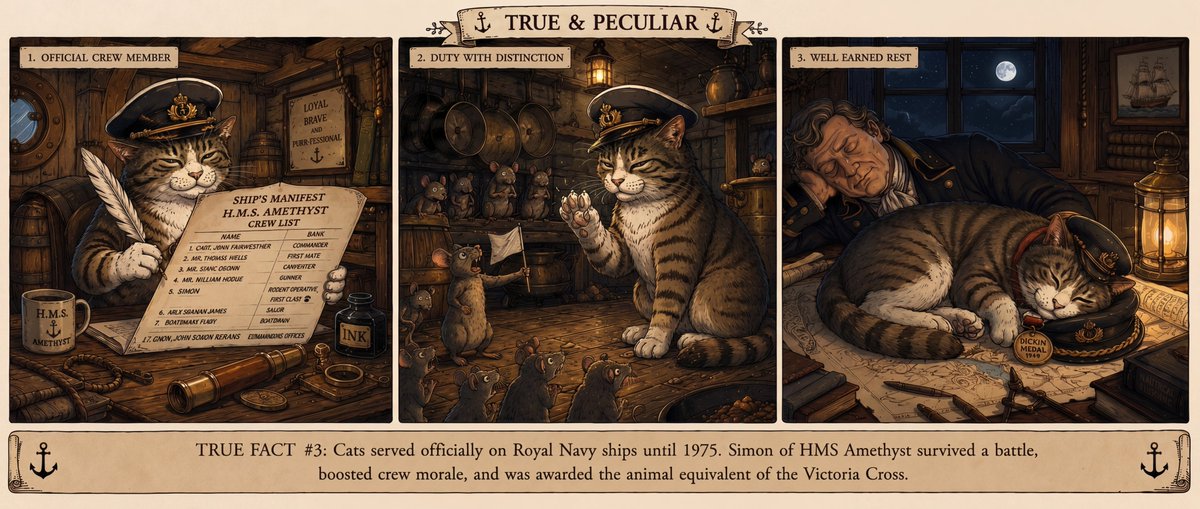 Vintage Royal Navy Ship Cat Triptych
