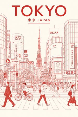 Red Line Art Tokyo Travel Poster