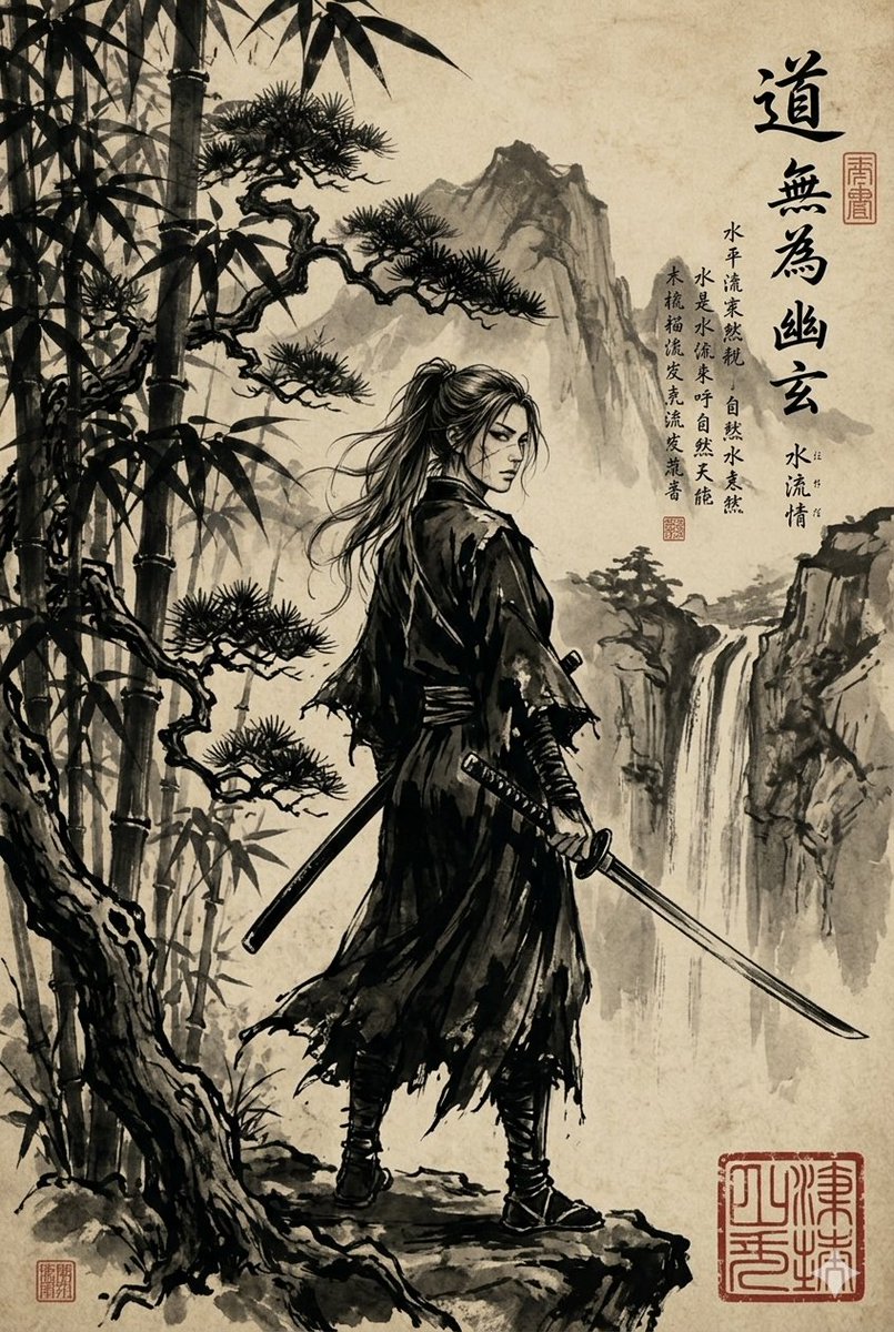 Sample output image for Ink-Wash Samurai Landscape