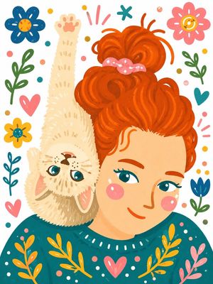 Whimsical Hand-Painted Girl with Kitten Illustration