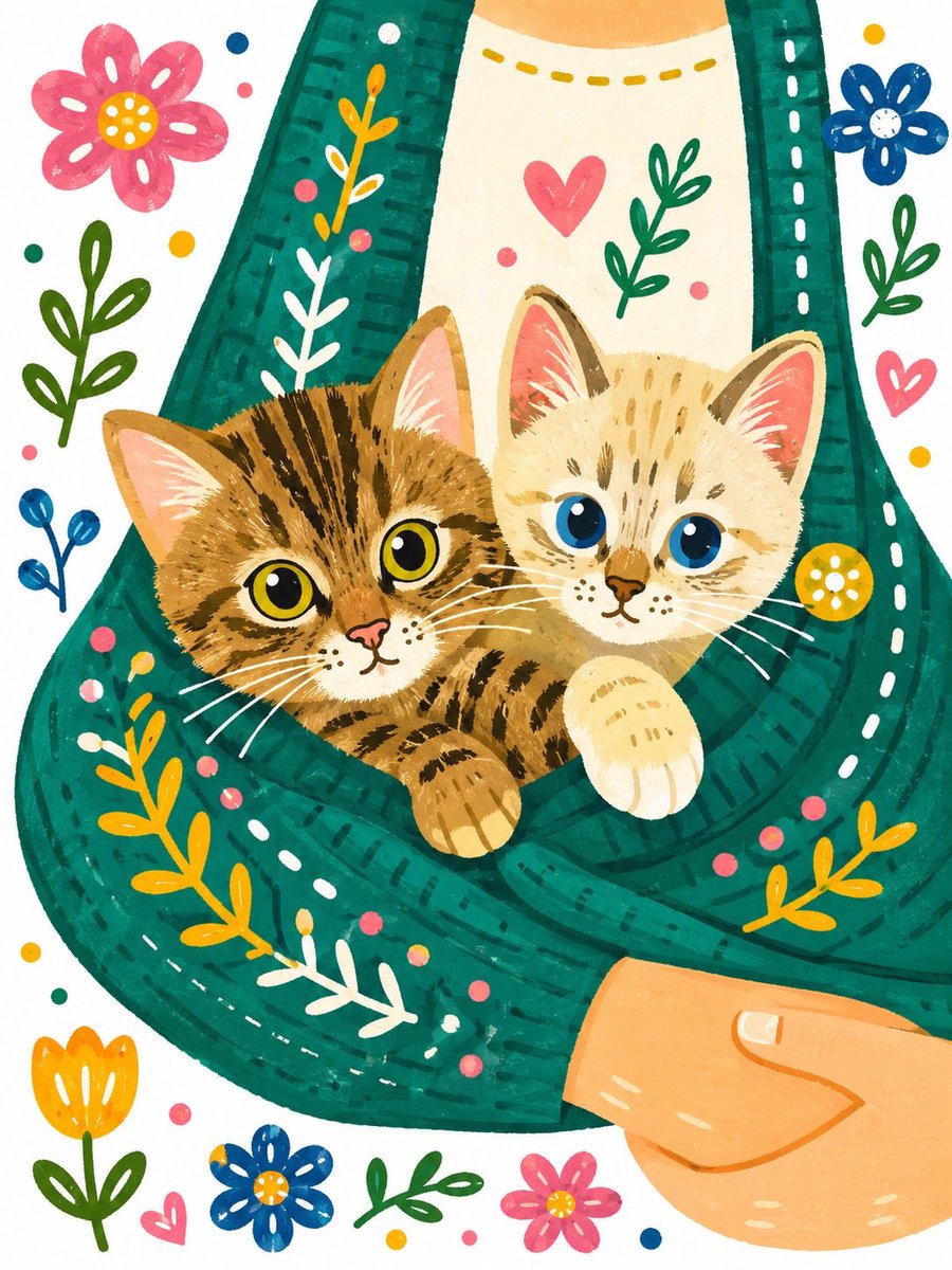 Whimsical Hand-Painted Girl with Kitten Illustration example 2