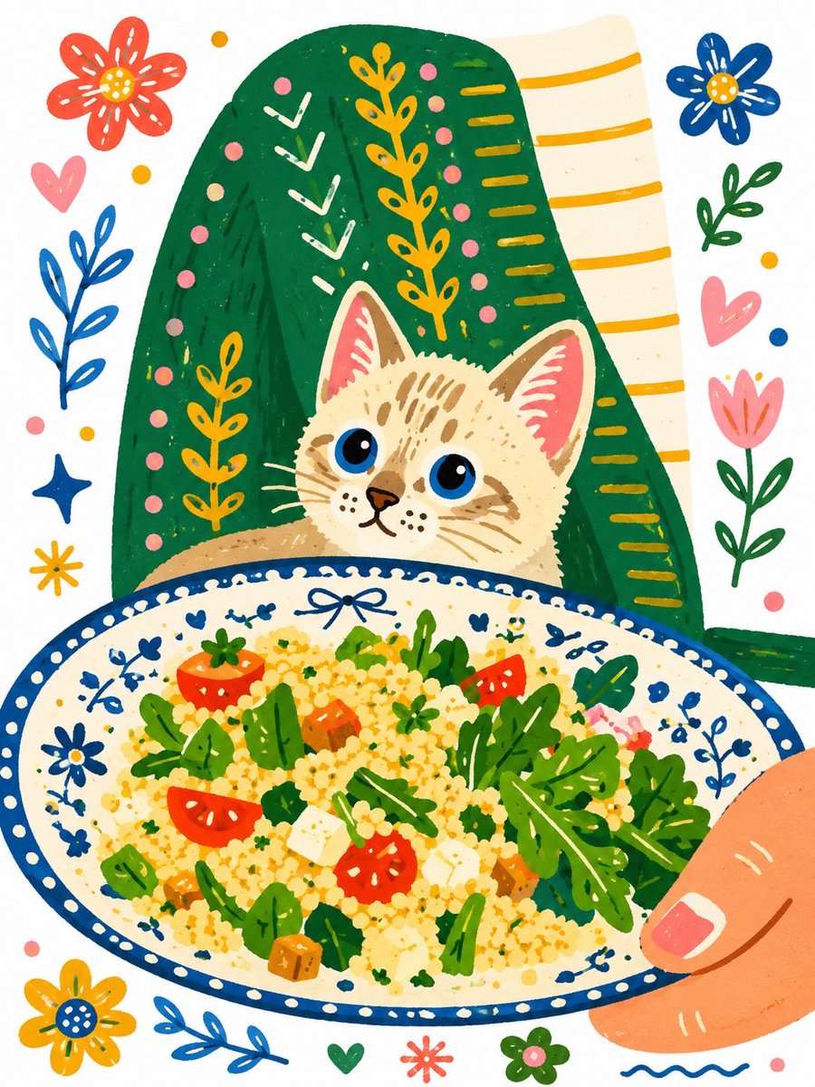 Whimsical Hand-Painted Girl with Kitten Illustration example 3