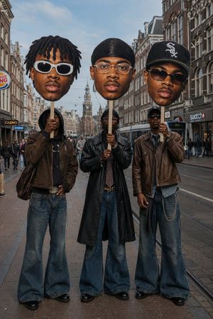 Surreal Fashion Street Scene with Oversized Heads