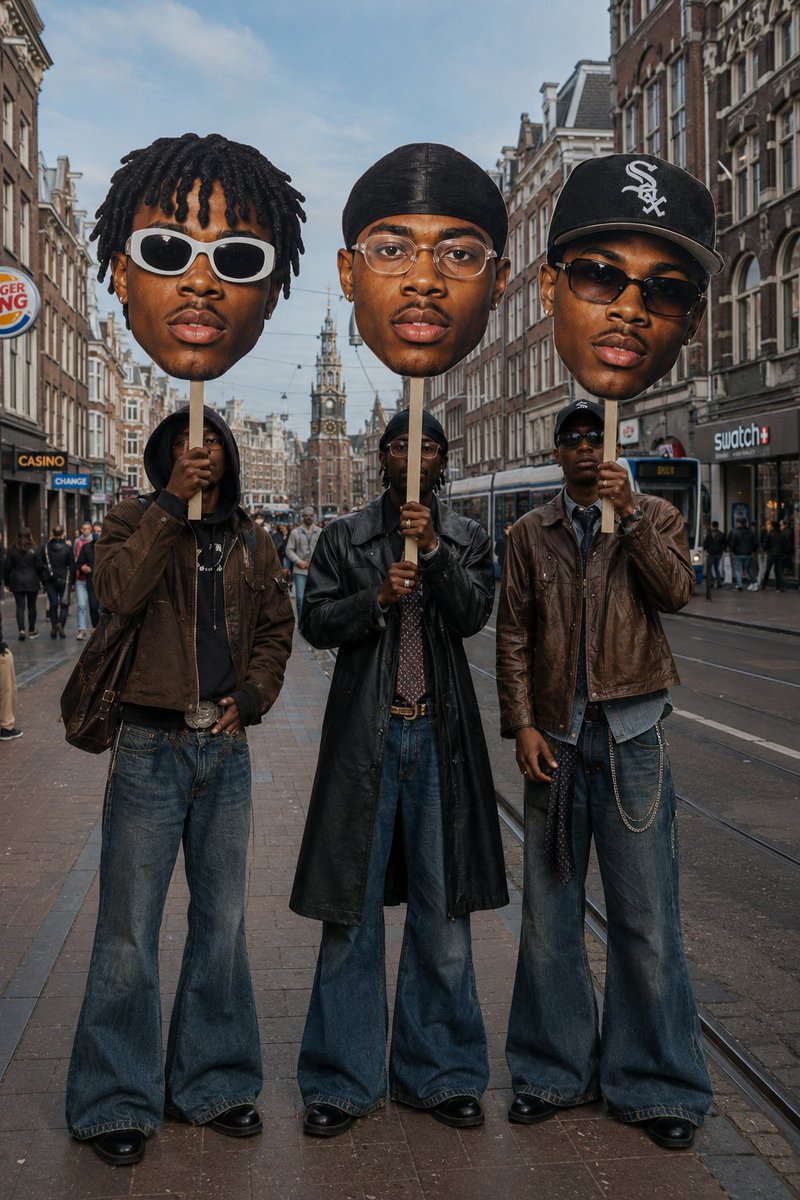 Surreal Fashion Street Scene with Oversized Heads