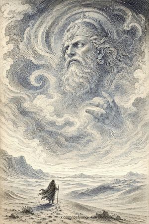 Colossal God in Engraved Desert Sky