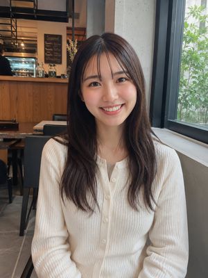 Realistic Cafe Portrait of Young Japanese Woman