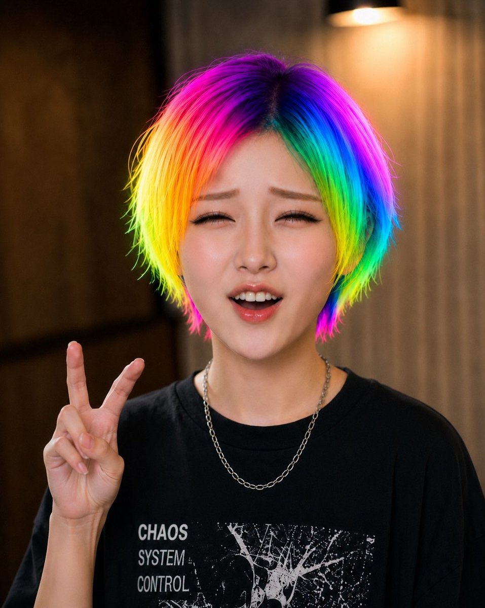 彩虹发色遮挡肖像 / Rainbow Hair Censored Portrait，人像与摄影，霓虹、人像、电影感，案例输出图 4