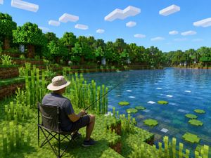 Minecraft-Style Fishing Lake Scene