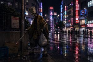 Ascetic Monk Cleaning Neon Tokyo