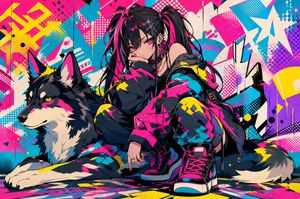 Neon Punk Girl with Husky