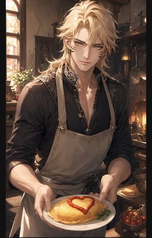 Blond Apron Man Serving Heart Omurice