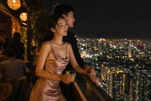Rooftop Bar Night Cityscape Couple