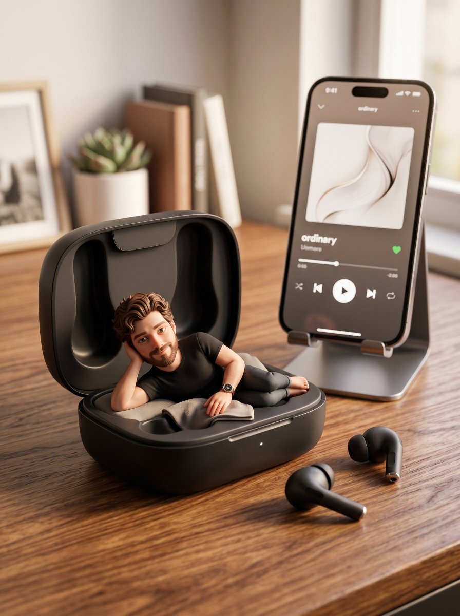 Pixar-Style Earbuds Miniature Scene example 2