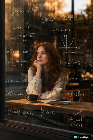 Thoughtful Woman Cafe Window Equations