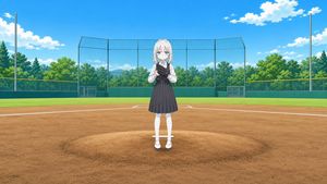 Anime Schoolgirl Pitcher on Baseball Field