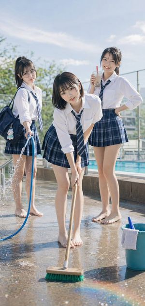 Poolside School Cleaning Scene