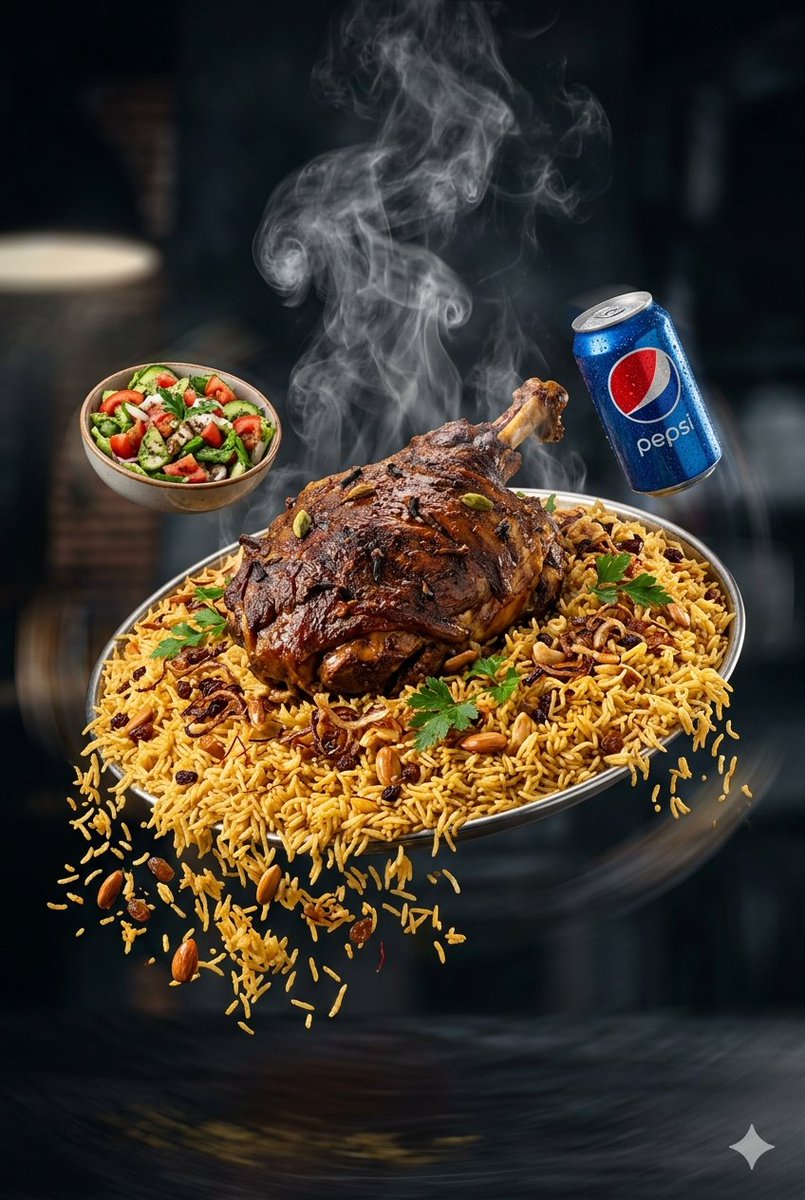Sample output image for Surreal Food Ad: Saudi Lamb Kabsa