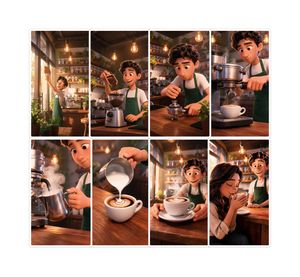 Pixar-Style Coffee Brand Storyboard