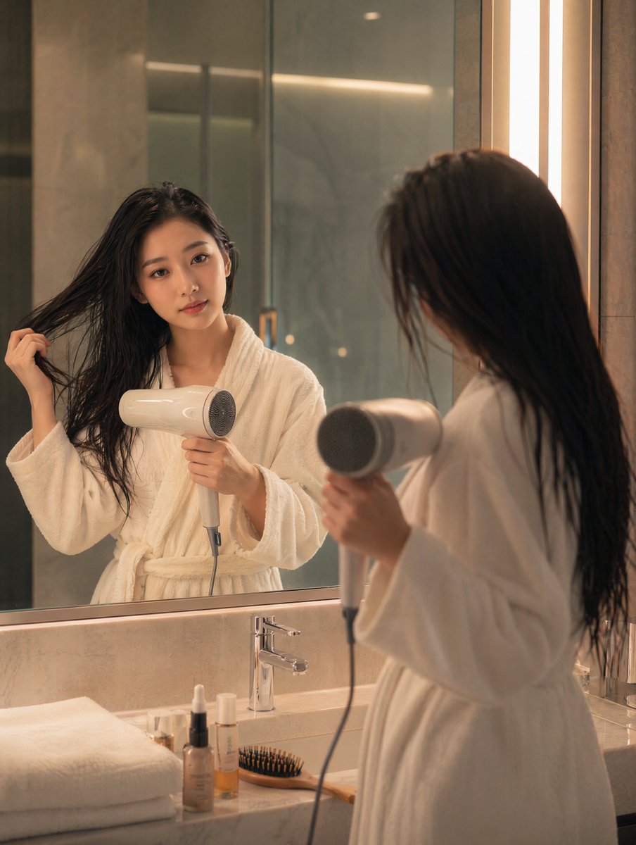 Morning Hair Drying Bathroom Scene example 3