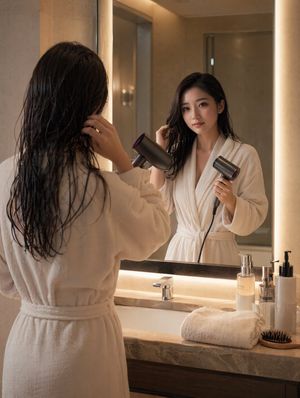 Morning Hair Drying Bathroom Scene