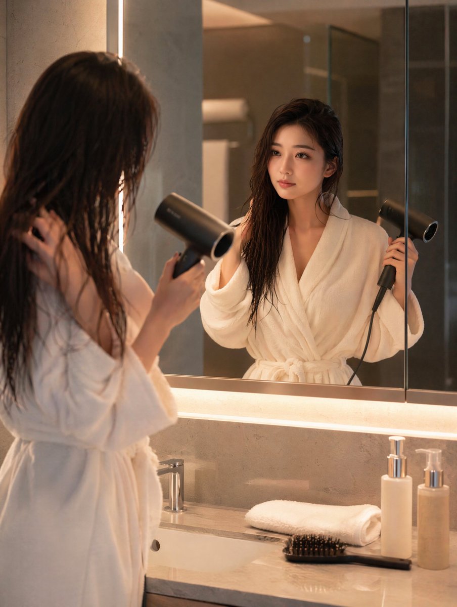 Morning Hair Drying Bathroom Scene example 2