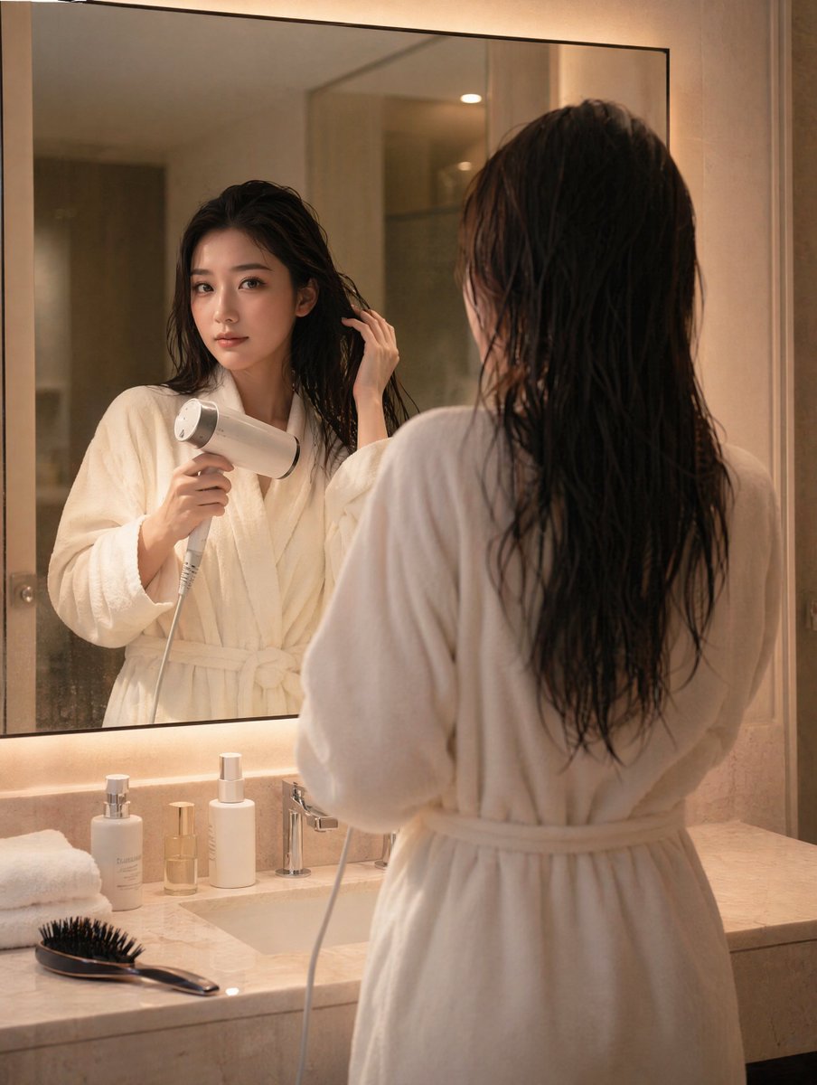 Morning Hair Drying Bathroom Scene example 4