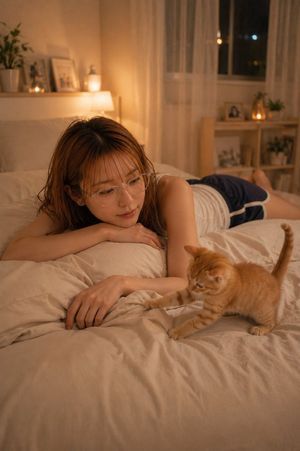 Cozy Night Bedroom With Kitten