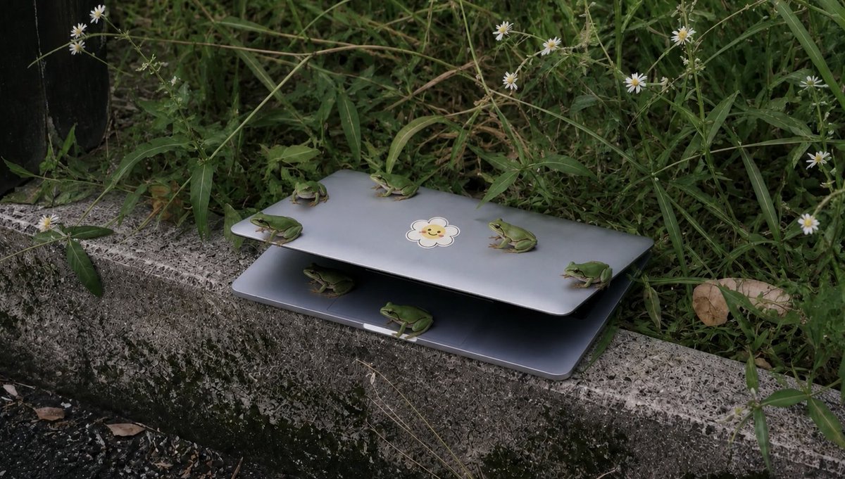 Frogs on a Laptop in Wild Grass