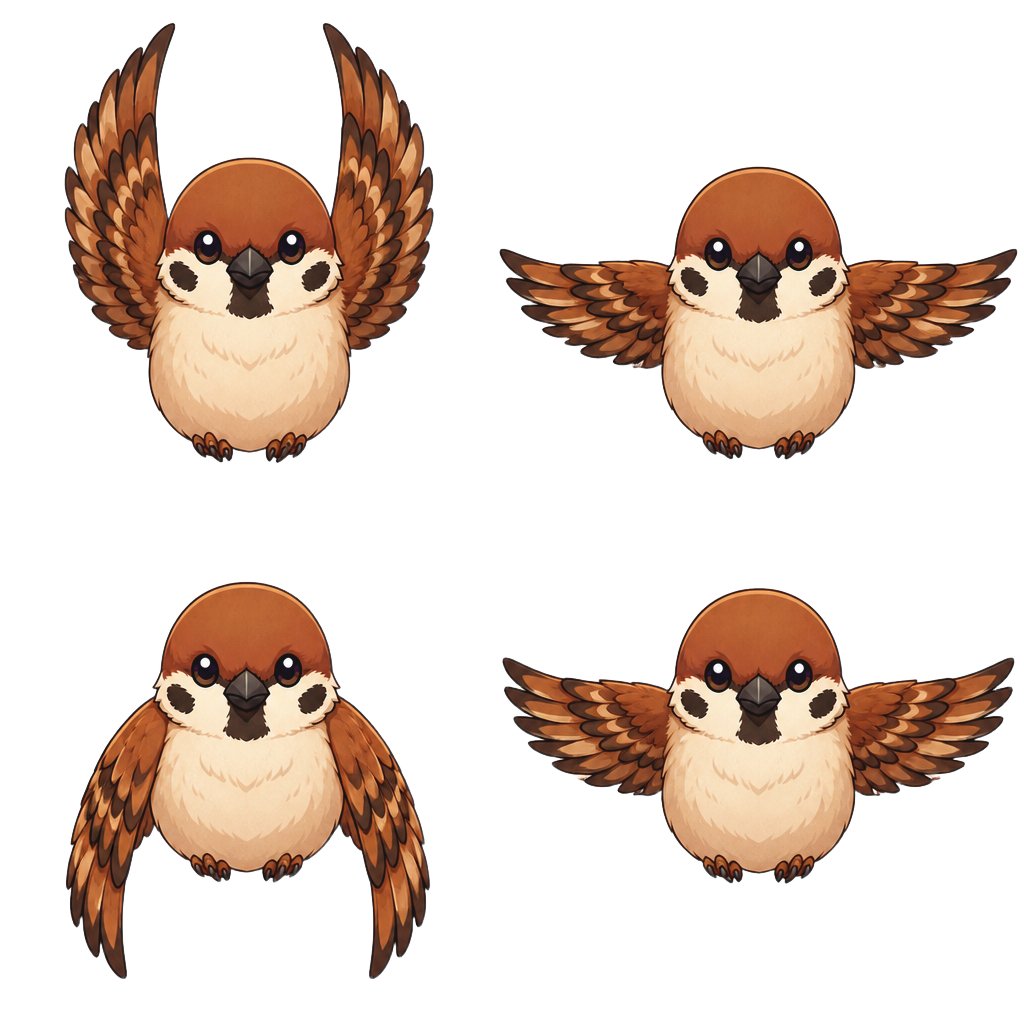 Chibi Sparrow Four-Pose Sheet