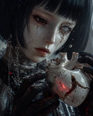 Cracked Porcelain Girl Holding Heart