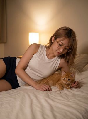 Cozy Bedroom Woman with Orange Kitten