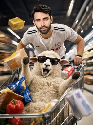 Man Racing Cart with Sheep