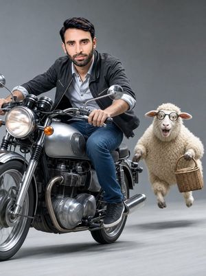 Man on Retro Motorcycle with Leaping Sheep