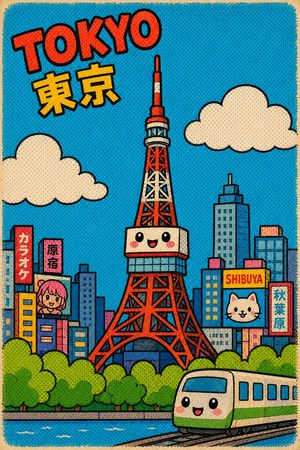 Cute Retro Tokyo Cartoon Cityscape
