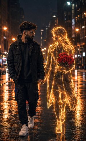 Holographic Woman in Urban Night
