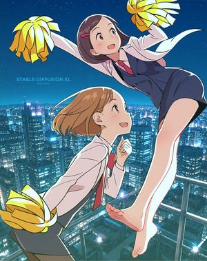 Anime Rooftop Cheerleaders at Night
