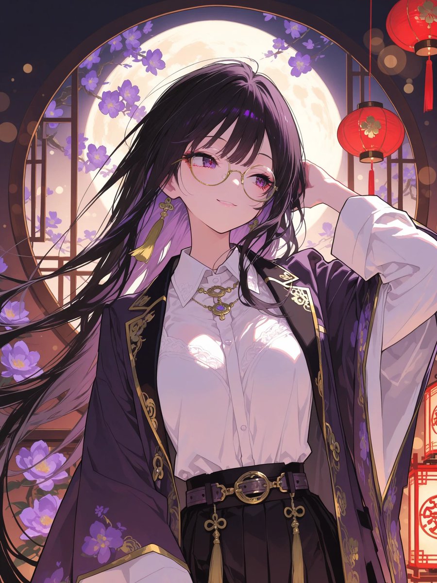 月光下身着华丽和服的动漫女性