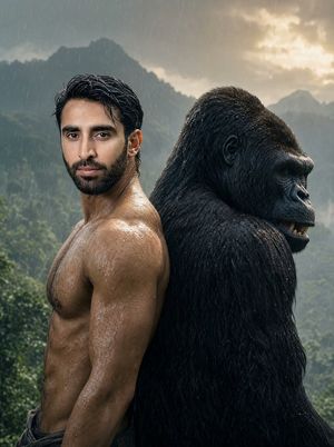Rainy Jungle Man and Gorilla Portrait