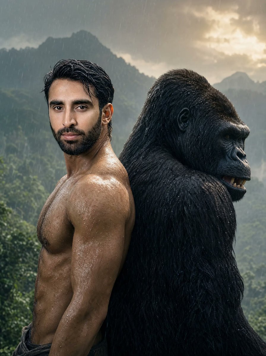 Rainy Jungle Man and Gorilla Portrait