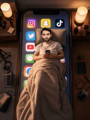 Man Sleeping on Giant Smartphone