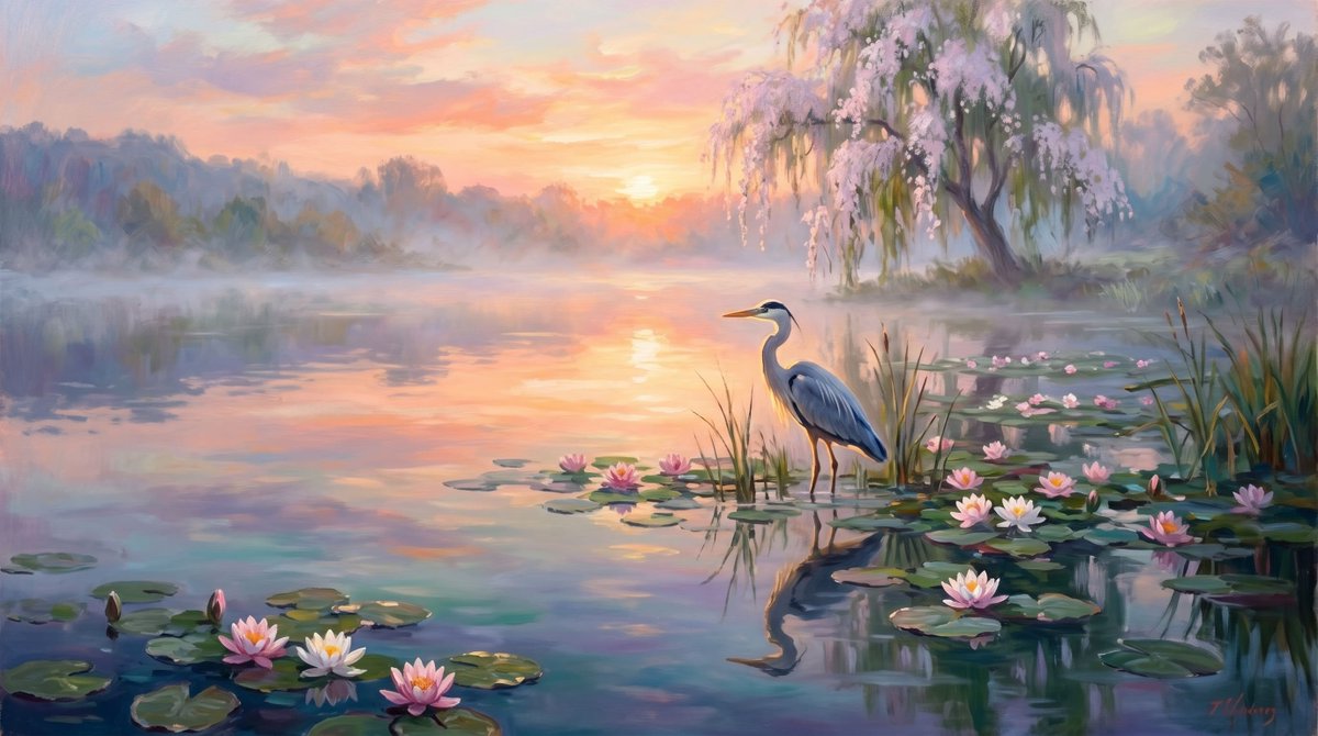 Peaceful Heron Lotus Pond Sunrise