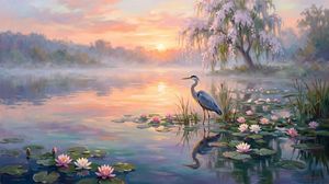 Misty Heron Lake at Sunrise