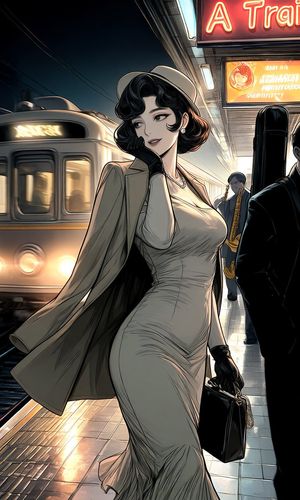 Elegant Woman on Night Train Platform