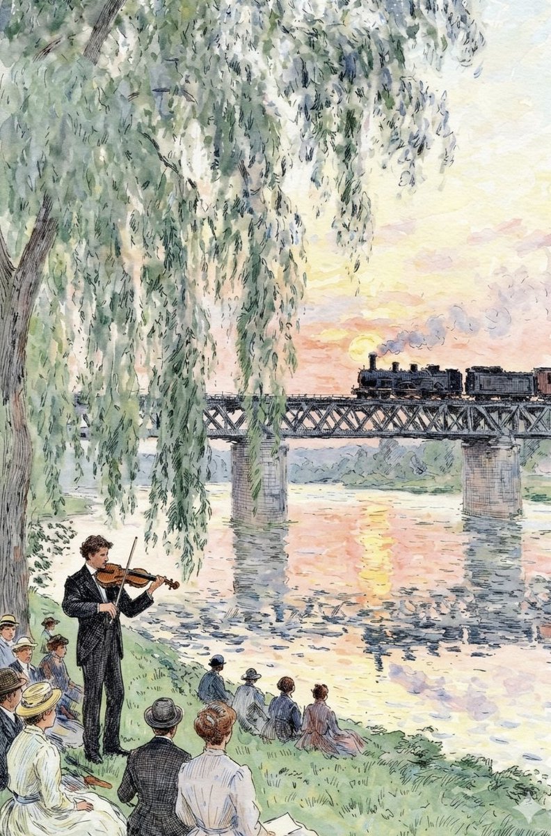 Sample output image for Watercolor Riverside Violinist at Sunset