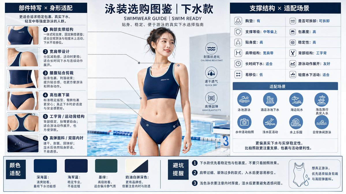 提示词:
生成一张 16:9 横版 的高信息量「泳装选购图鉴|下水款」海报。
整体风格为 高端泳装品 example 4
