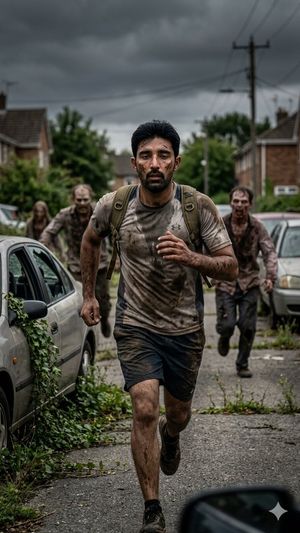 Desperate Runner on Stormy Street