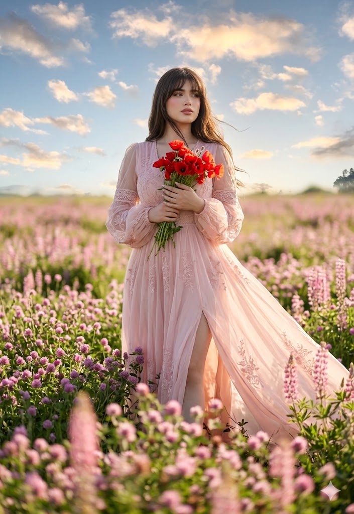 Sample output image for Pink Chiffon Gown Wildflower Field